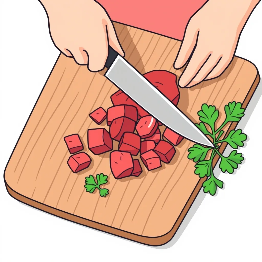 Ham kırmızı dana etini tahta doğrama tahtasında bıçakla küplere kesme adımı