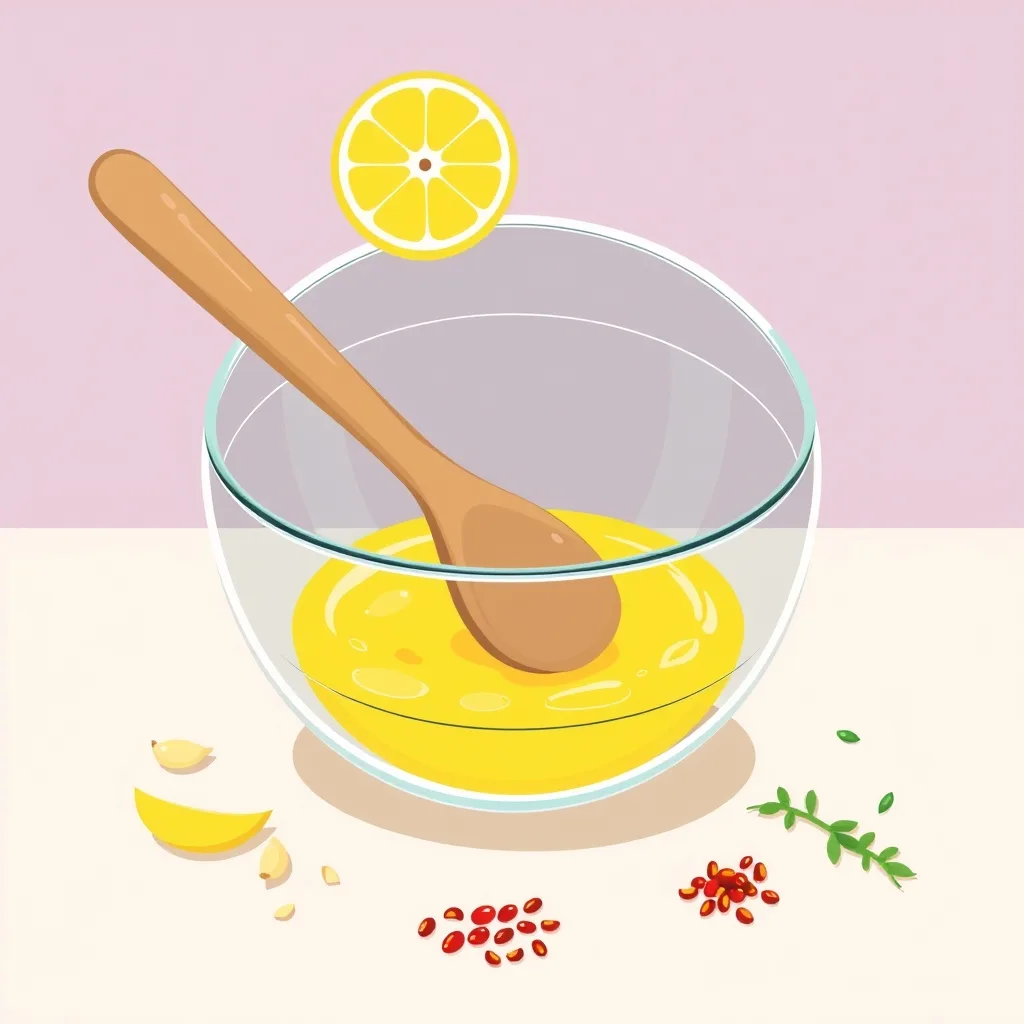 Zeytinyağı, limon, sarımsak ve baharatlarla cam kasede marine sosu hazırlama