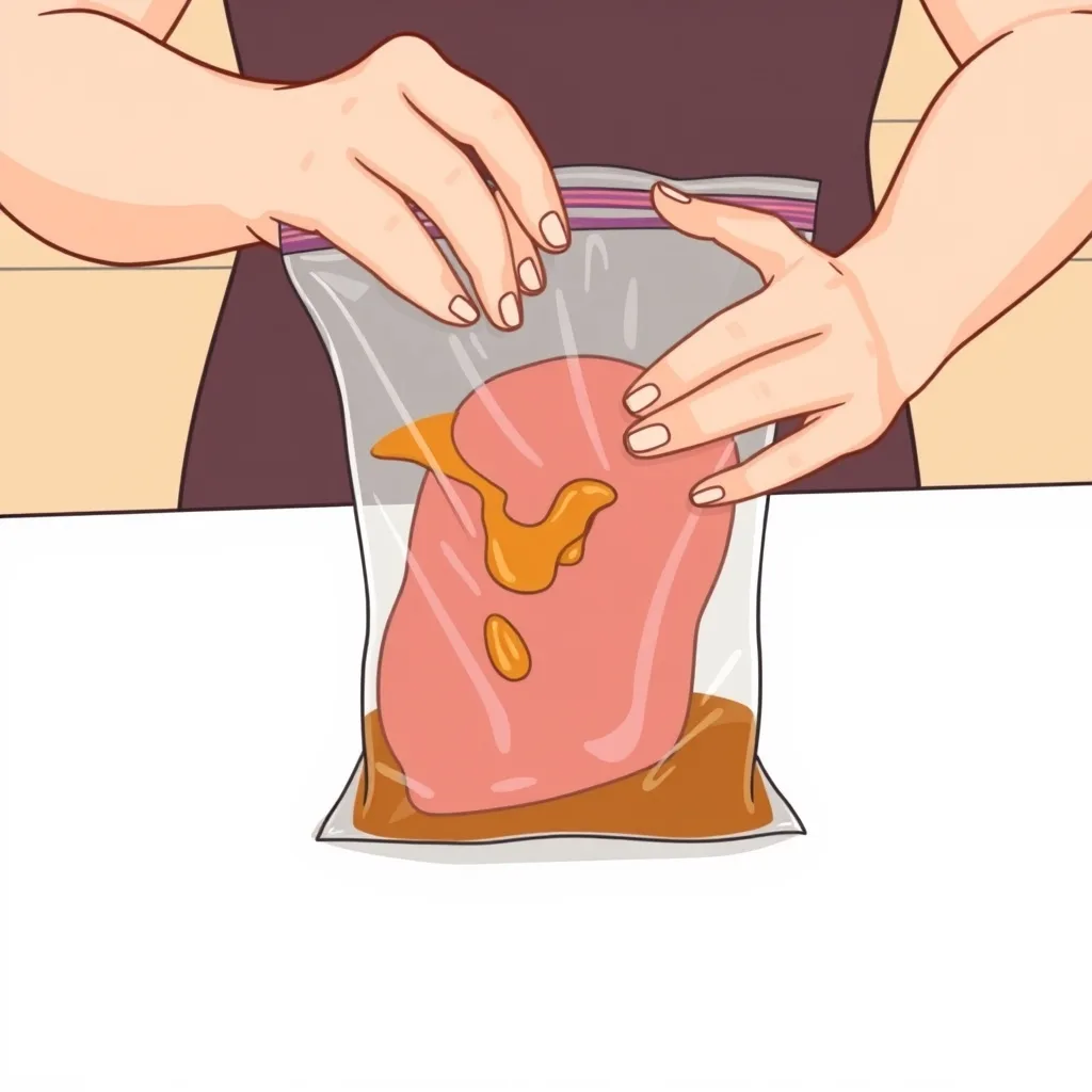 Eti şeffaf zip poşet içinde marine sosuyla yoğurma ve ovma adımı